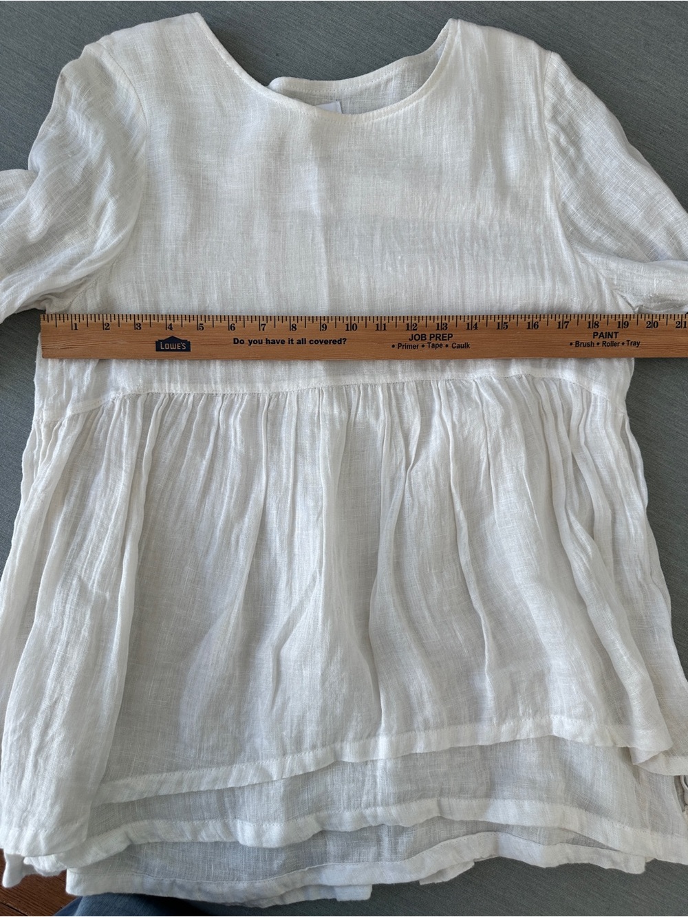White Linen Peasant Blouse with Gathered Waist - Picture 4 of 8
